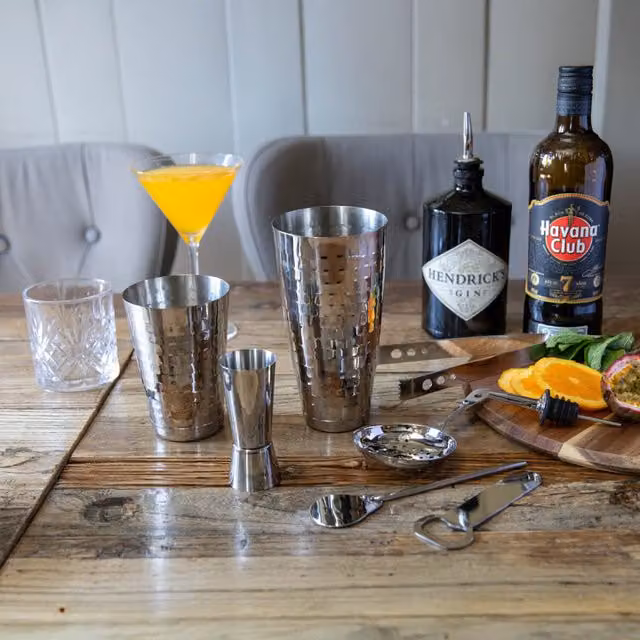 BarCraft Eight Piece Stainless Steel Boston Cocktail Set with Shaker and Bar Spoon in Silver and Yellow