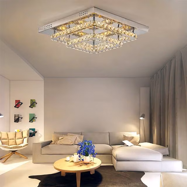 Livingandhome Modern Square Crystal Ceiling Light in Chrome and Yellow Transparent