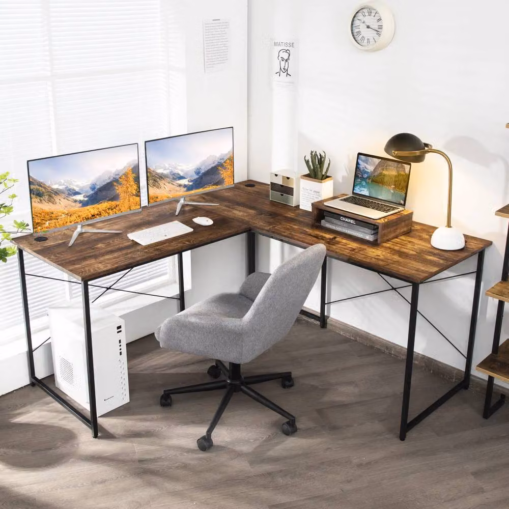Costway L-Shaped Reversible Corner Computer Desk and Workstation for 2 People in Brown – 2