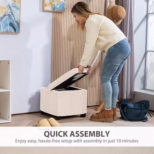 HOMCOM Corduroy Storage Ottoman Bench in Beige with Wooden Legs, W/D/H: 40 x 40 x 40 cm – 3