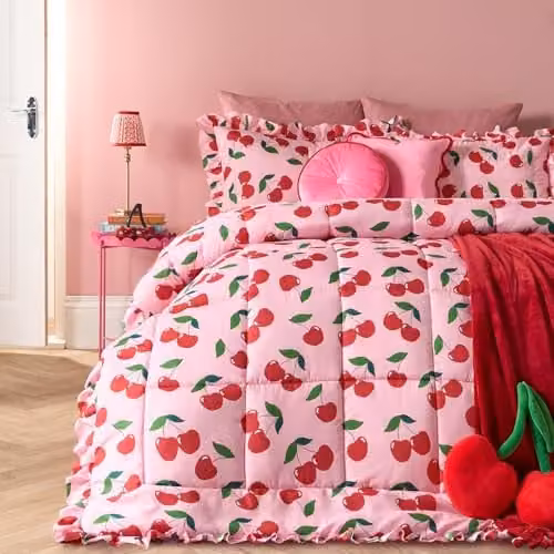 OHS Cherry 7.5 Tog Reversible Microfibre Coverless Duvet and Pillowcase Set, Pink, W/D/H: 200 x 200 x 3 cm