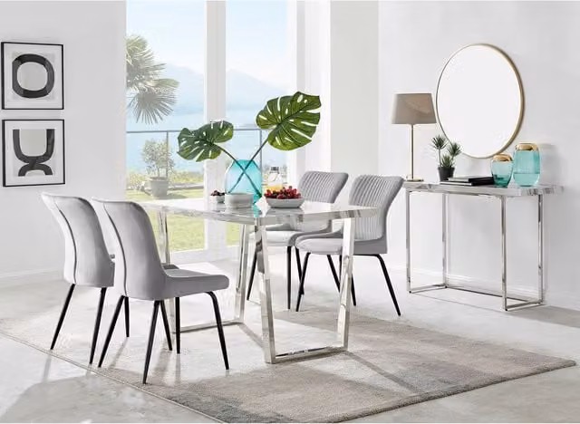 FurnitureboxUK Kylo White Marble Effect Rectangular Dining Table and 4 Nora Black Leg Chairs in Light Grey