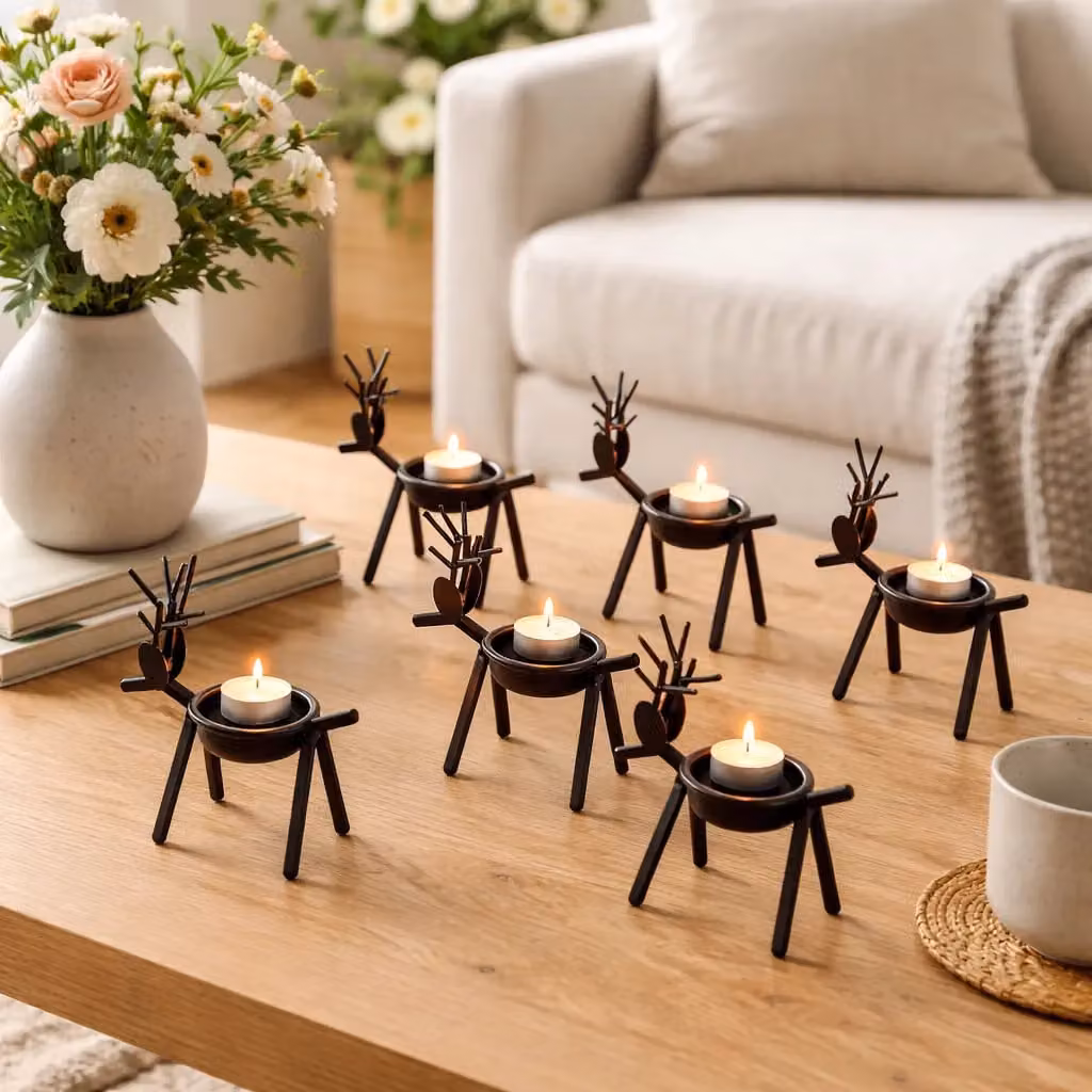 Marco Paul Set of 6 Metal Reindeer Tealight Candle Holders with Tealights, Brown Rustic Decor – 4