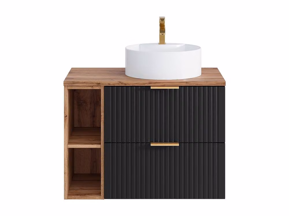 Vente-unique Suspended Striped Bathroom Vanity Unit with Niches and Round Design in Black and Gold – 2