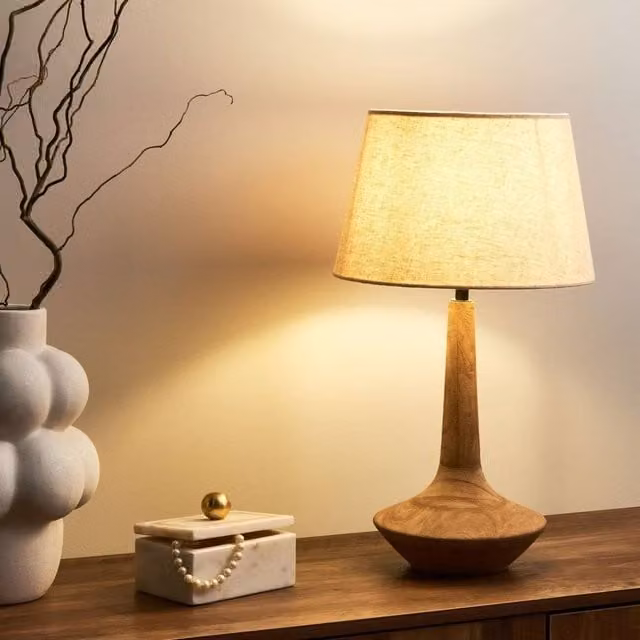Wyld and Coco Mango Wood Table Lamp with Beige Linen Shade, Height: 54 cm