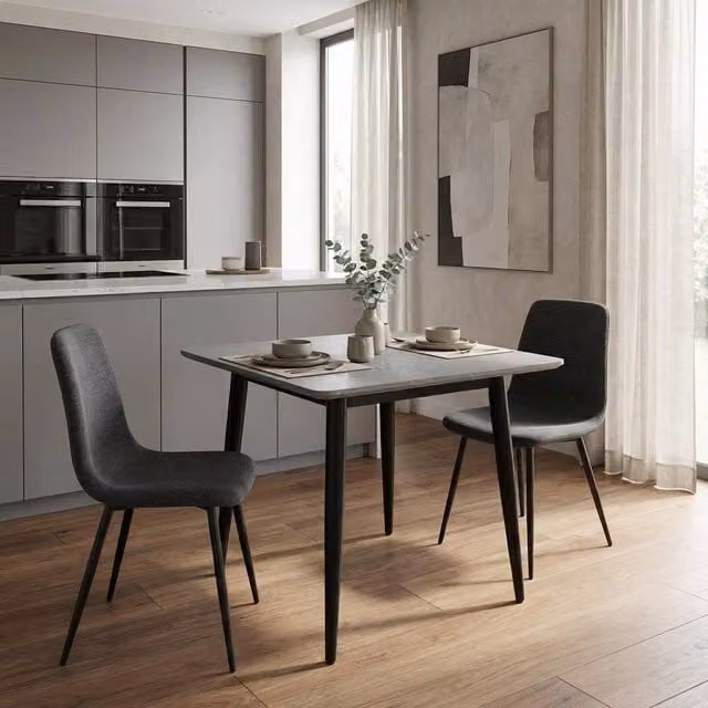 FWStyle Nova Grey Marble Effect Square Sintered Stone Dining Table with Black Metal Legs W/D/H: 70 x 70 x 74 cm – 1