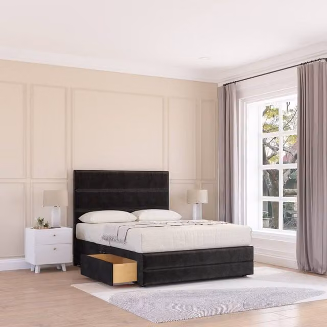 Sloomy Monaco Upholstered Velvet Bed Frame with Floor Standing Headboard in Black, W/D/H: 120 x 200 cm