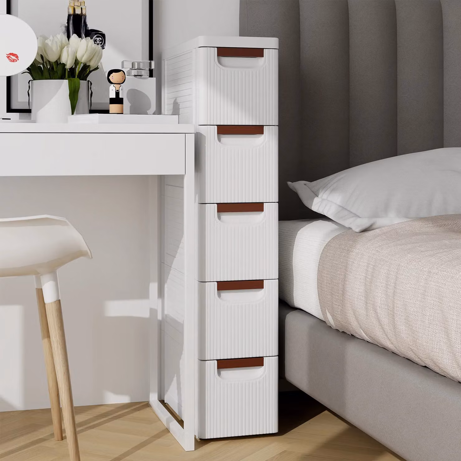 Costway 5-Drawer Narrow White Plastic Rolling Storage Cart for Bathroom – 3
