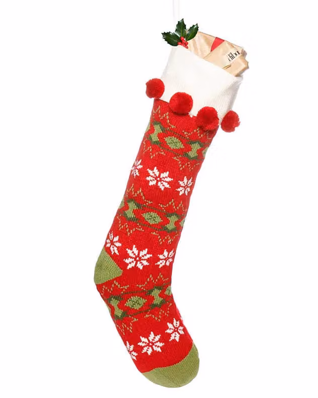Dibor Set of 4 Red Fair Isle Knitted Christmas Stockings with Pompoms – 2