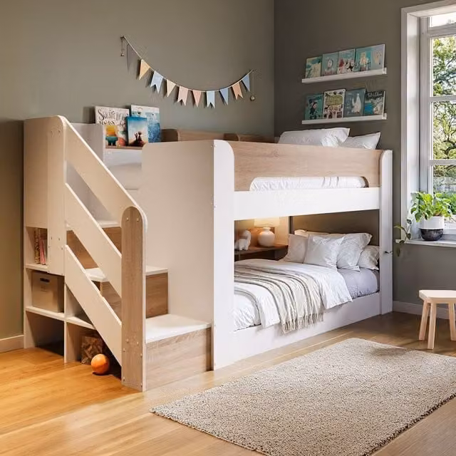 Flair Zeno Modern Childrens Low Bunk Bed with Staircase Storage in Brown and White