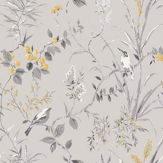 Crown Mariko Bird Floral and Botanical Wallpaper in Grey Matt Finish