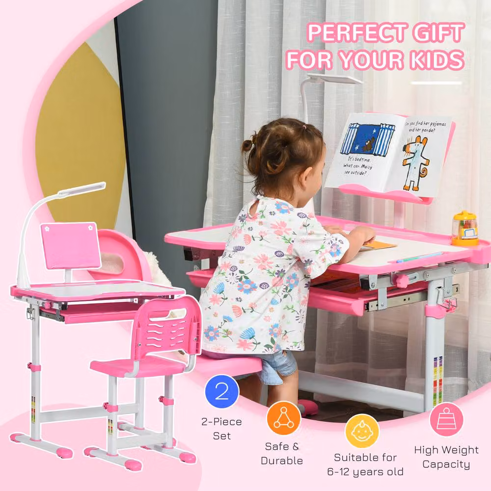 STILVORA Kids Height Adjustable Study Desk and Chair Set in Pink – 3