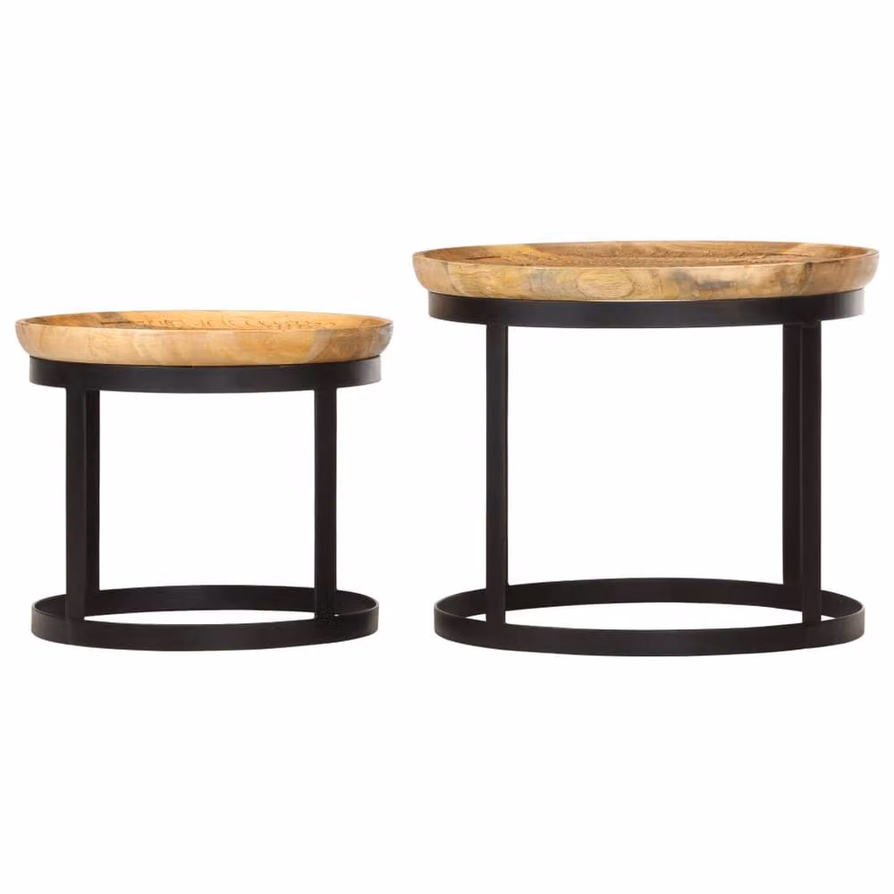 Berkfield Home Set of 2 Round Nesting Side Tables in Brown Mango Wood and Black Steel – 3