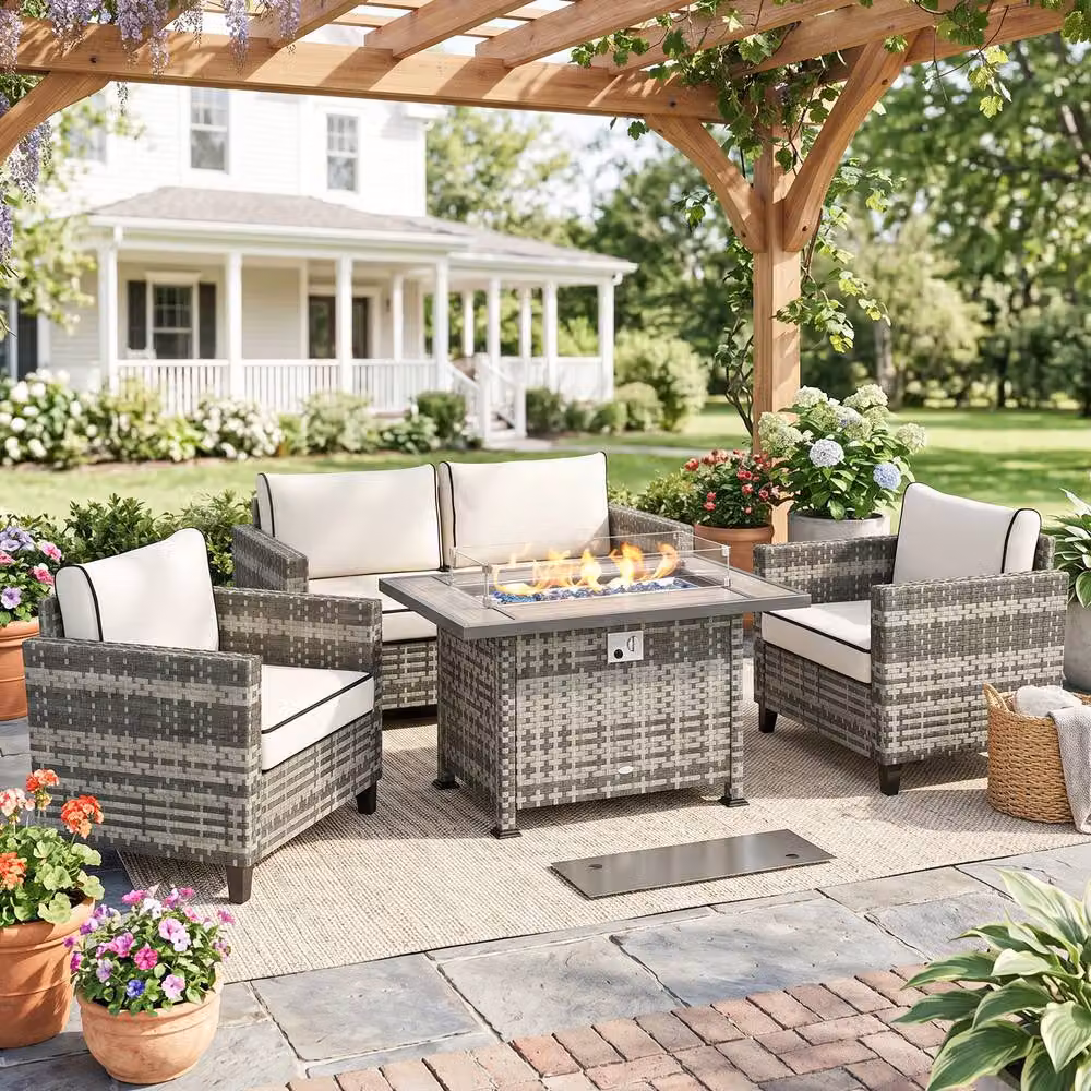 Outsunny 5 Piece Grey Polyrattan Garden Furniture Set with Outdoor Coffee Table, 2 Seater Sofa, Armchairs and Upholstered Cushions – 8
