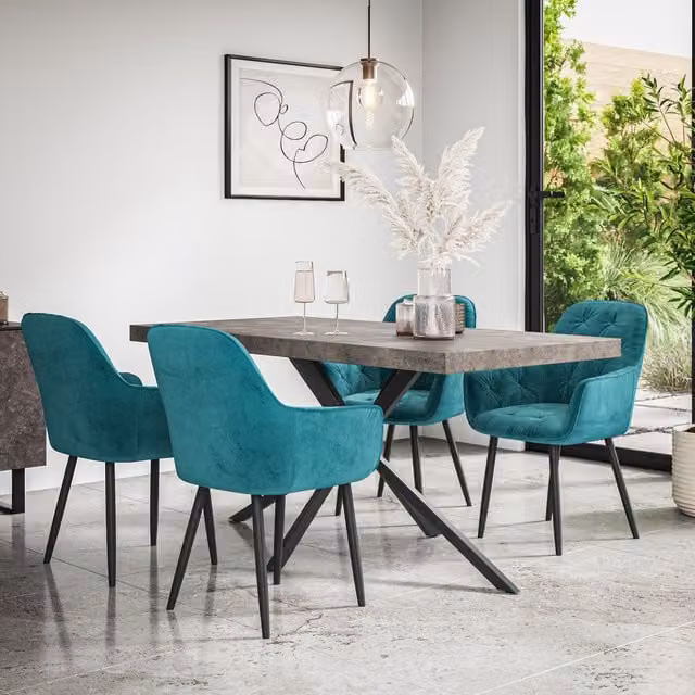 More4Homes Donni Dining Table and Anika Blue Velvet Chair Set of 4, Concrete Effect Top with Black Legs, W: 160 cm, D: 80 cm, H: 76 cm – 1