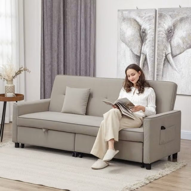 HOMCOM Reversible L-Shaped Velvet Sectional Sofa Bed with Scatter Cushions in Beige – 1