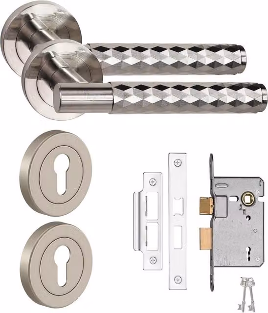 Golden Grace Knurled Diamond Cut T-Bar Door Handle Lock Set with Thumbturn and Mortise Lock in Silver