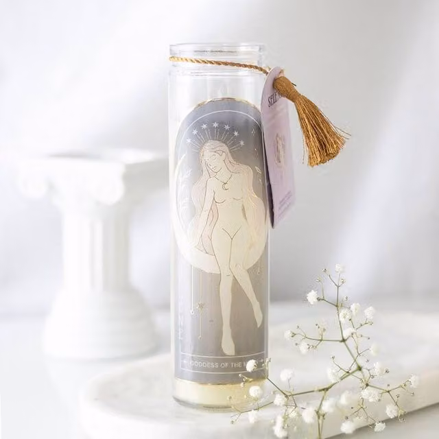 Uniqueful Selene Goddess Tube Candle with Amethyst Crystals in Transparent Glass, 1 Pack
