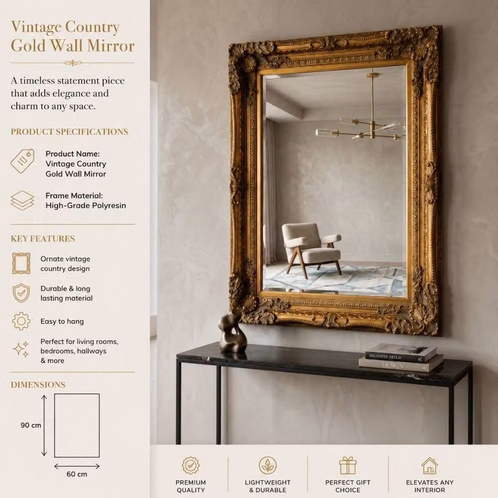 HOME LUXE INTERIOR Antique Gold Ornate Baroque Wall Mirror, W: 60 cm, H: 90 cm – 5