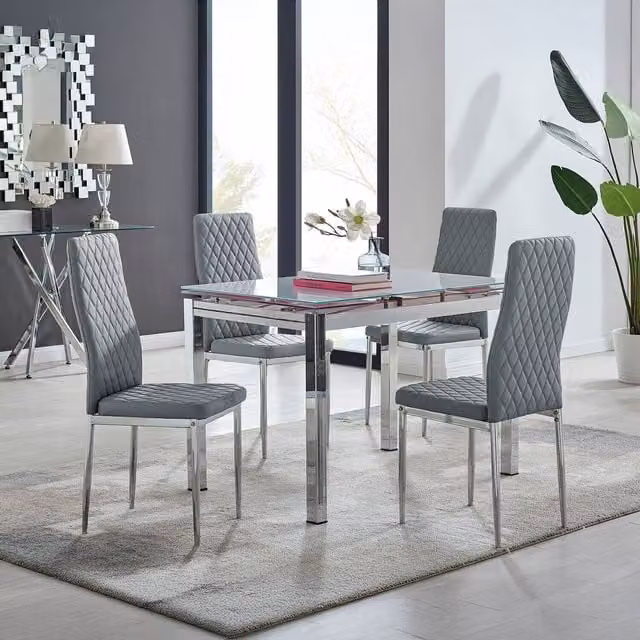 FurnitureboxUK Enna White Glossy Glass Extending Modern Kitchen Dining Table and 4 Milan Chairs in Grey