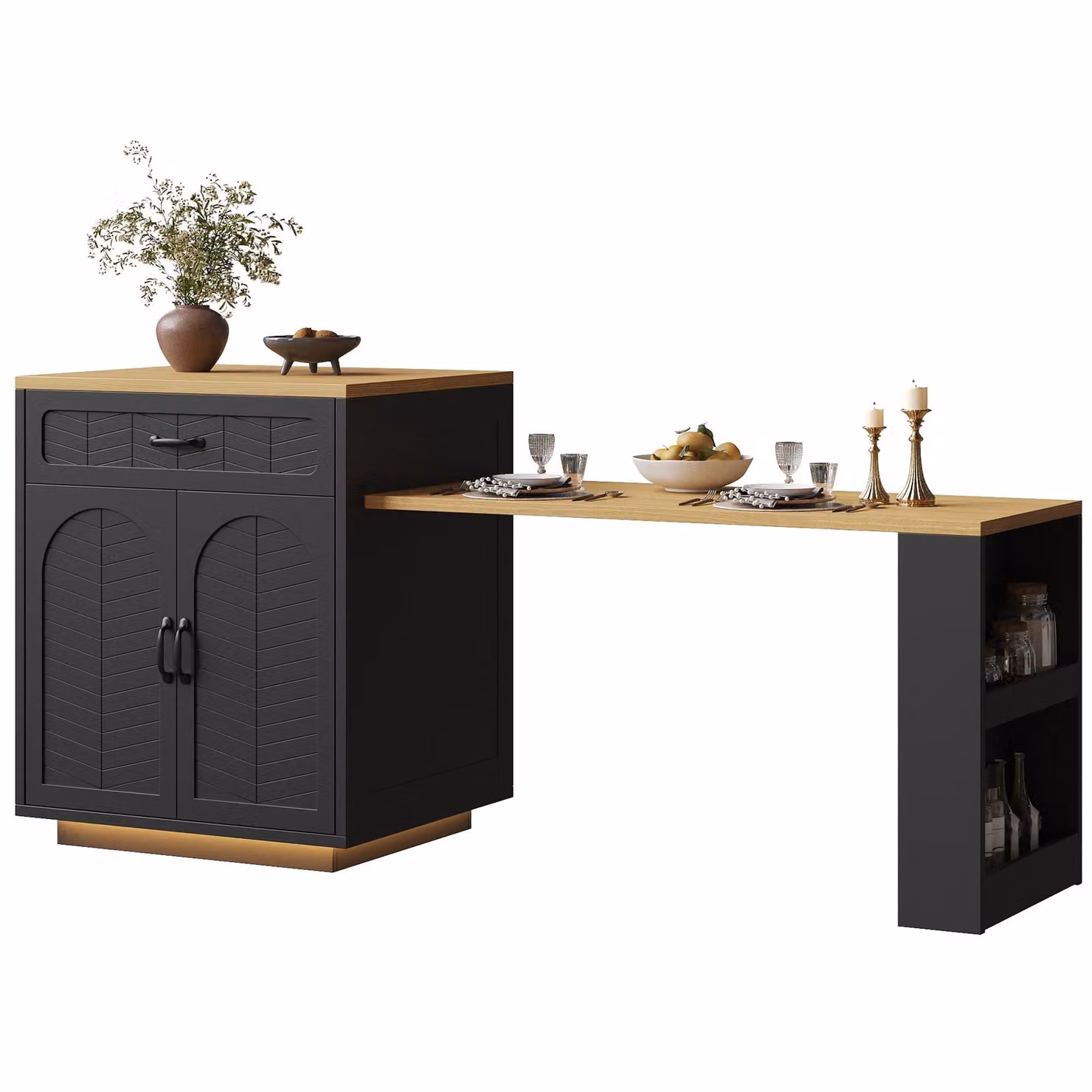 Aosom UK Extendable Kitchen Island with Dining Table and Multifunctional Storage Cabinet with Wine Rack, Black, W/D/H: 141 x 70 x 101.5 cm – 8