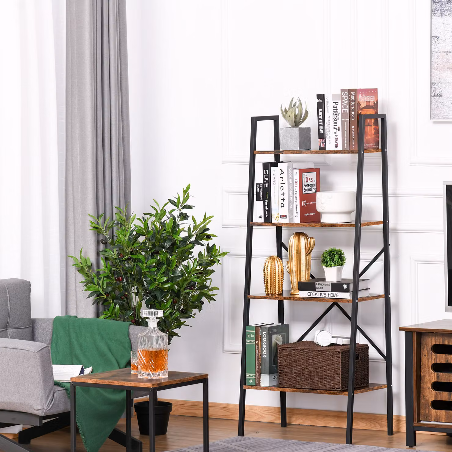 HOMCOM 4-Tier Vintage Ladder Shelf Bookcase and Wood Storage Rack in Black and Brown – 2
