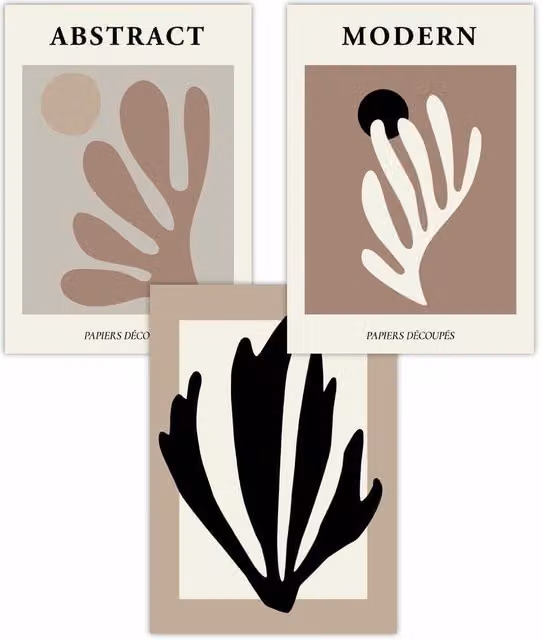 ARTZE Set of 3 Matisse Style Floral Abstract Art Posters in Chocolate, Black and Brown, W: 50 cm, H: 70 cm
