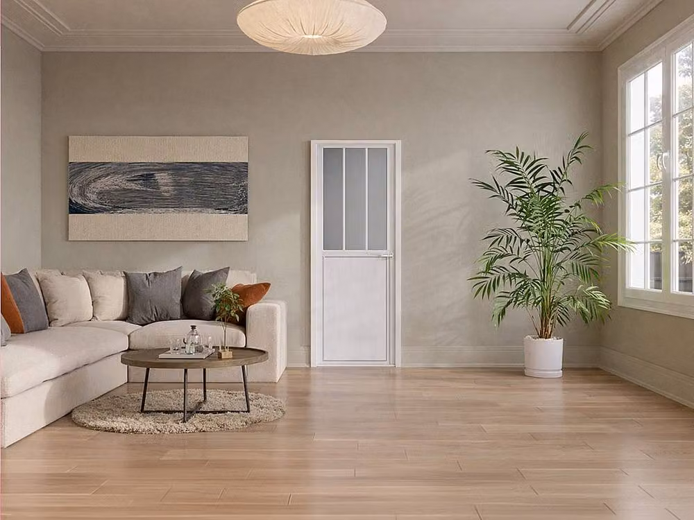 Vente-unique Reversible Industrial Style Swing Door in White with Aluminium and Frosted Tempered Glass – 2