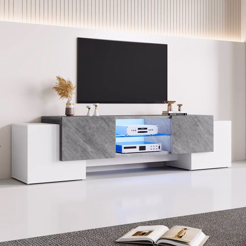 BTM LED TV Stand with 4 Doors and Open Storage, White and Grey, W: 180 cm, D: 40 cm, H: 46.5 cm – 2