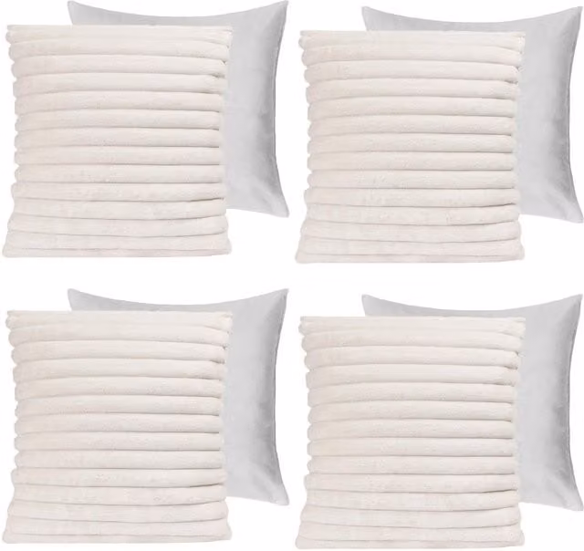 OHS Pack of 4 White Faux Fur Ribbed Square Filled Cushions with Removable Covers