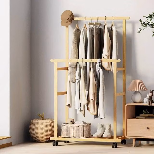 Havendro Rolling Bamboo Open Clothes Rack in Natural, W/D/H: 160 x 40 x 40 cm