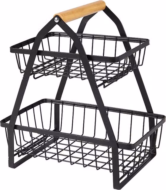 Livingandhome Detachable Fruit Basket with Wooden Handle in Black