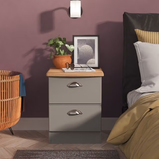 Victoria Modern 2 Drawer Bedside Cabinet in Grey Matt Finish