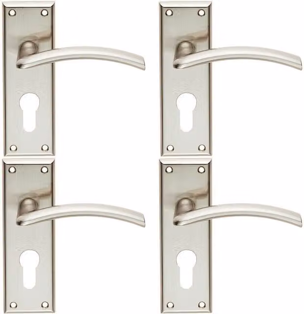 Loops 4 Pairs of Arched Lever Door Handles with Euro Lock Backplate, Satin Nickel, W: 150 mm x H: 50 mm