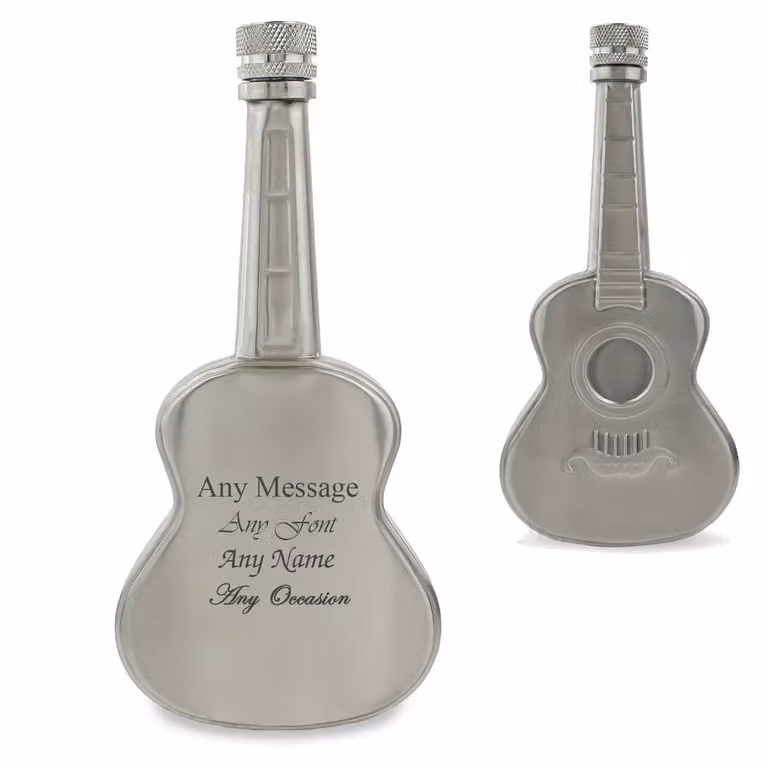 Uniqueful Personalised Engraved Silver Guitar Hip Flask, 100ml