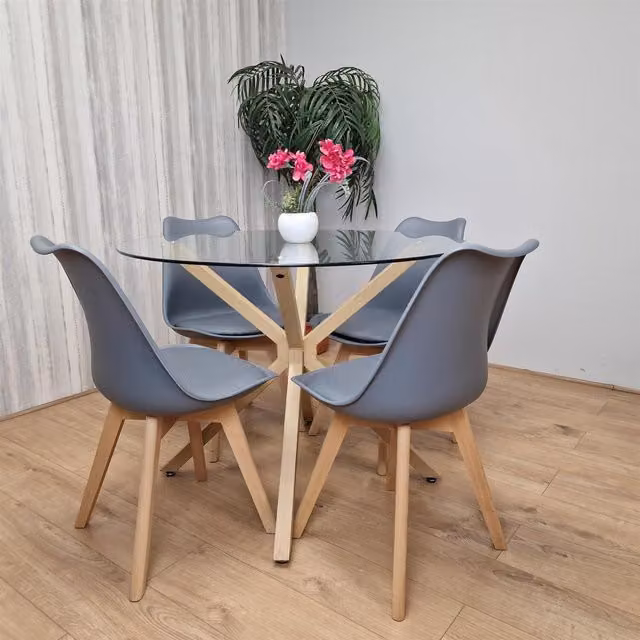 Kosy Koala Modern Round Glass Dining Table and 4 Grey Padded Chairs Set
