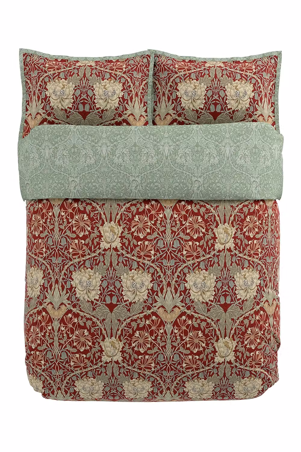 Morris & Co Honeysuckle & Tulip Floral Cotton Percale Double Duvet Cover Set in Red and Gold, W: 140 cm, L: 200 cm – 2