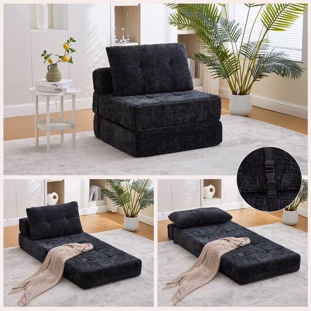 Direct Wicker Black Chenille Tufted Folding Sofa Bed with Pillow and Back Support – 4