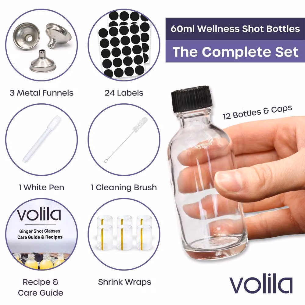 volila 12 Pack Transparent Glass Juice Bottles for Health Shots – 3
