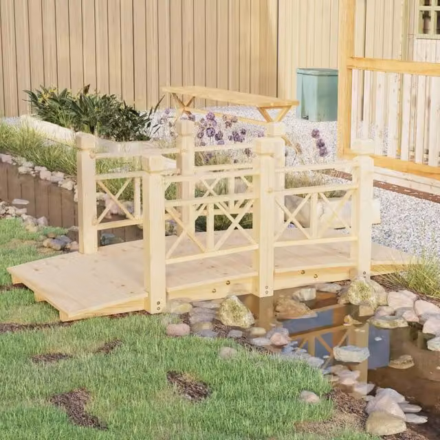 Berkfield Home Garden Bridge with Railings in Brown Solid Spruce Wood, W/D/H: 150 x 67 x 56 cm – 1