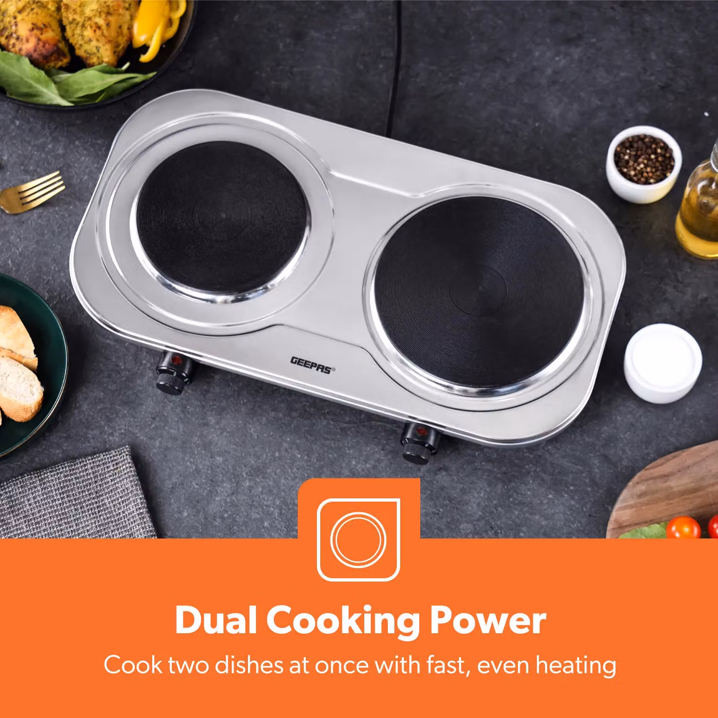 Geepas Double Hot Plate Electric Cooker, 2500W Portable Table Top Hob in Silver – 3