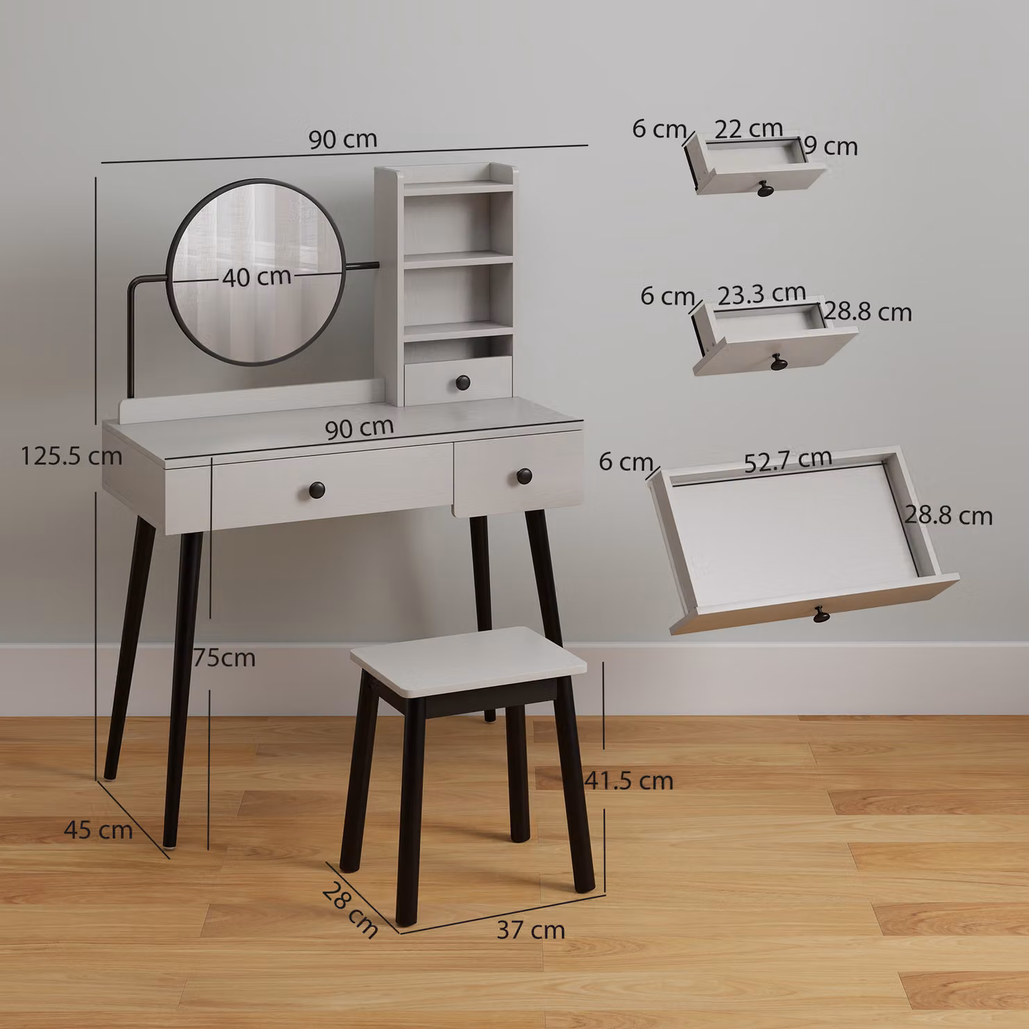 HOMCOM Grey Dressing Table Set with Mirror, Stool, 3 Drawers and Open Shelves – 3