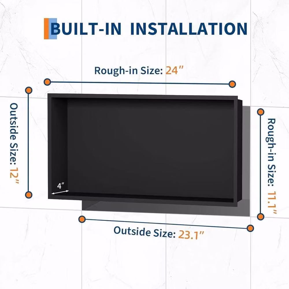 VOGREX Black Stainless Steel Recessed Bathroom Shower Niche Storage W/D/H: 30.48 x 10.16 x 61.0 cm – 2
