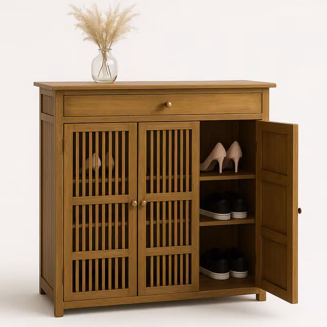 Furnold Classic Brown Wooden Shoe Storage Cabinet Organiser with Doors and Drawers