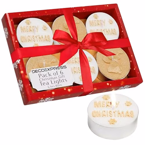Deco Express Unscented Christmas Tealight Candle Set, 6 Pack, White and Gold