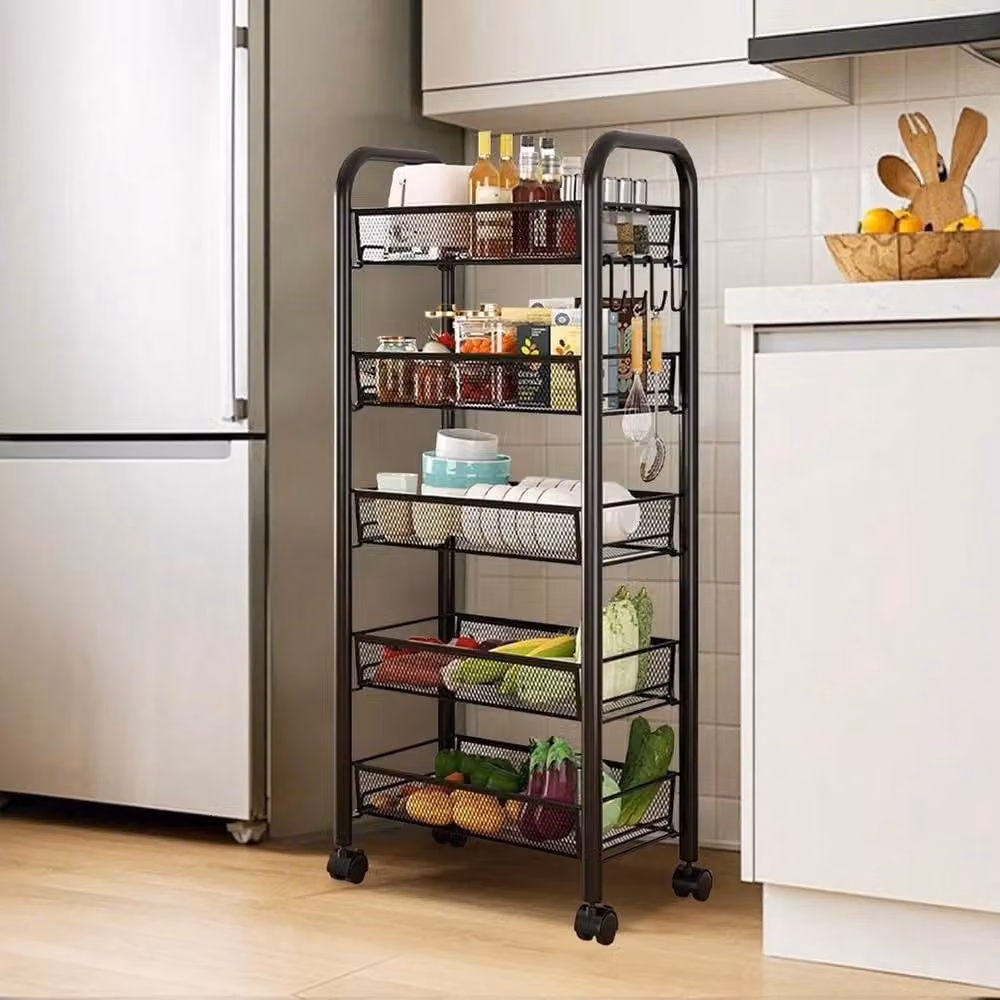 VOGREX 5-Tier Black Metal Mesh Rolling Kitchen Storage Cart – 3