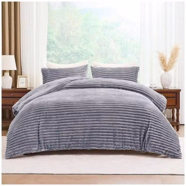 Home Luxe Interior Grey Plush Faux Fur Chunky Ribbed Duvet Cover Set, W: 90 cm x L: 200 cm – 1