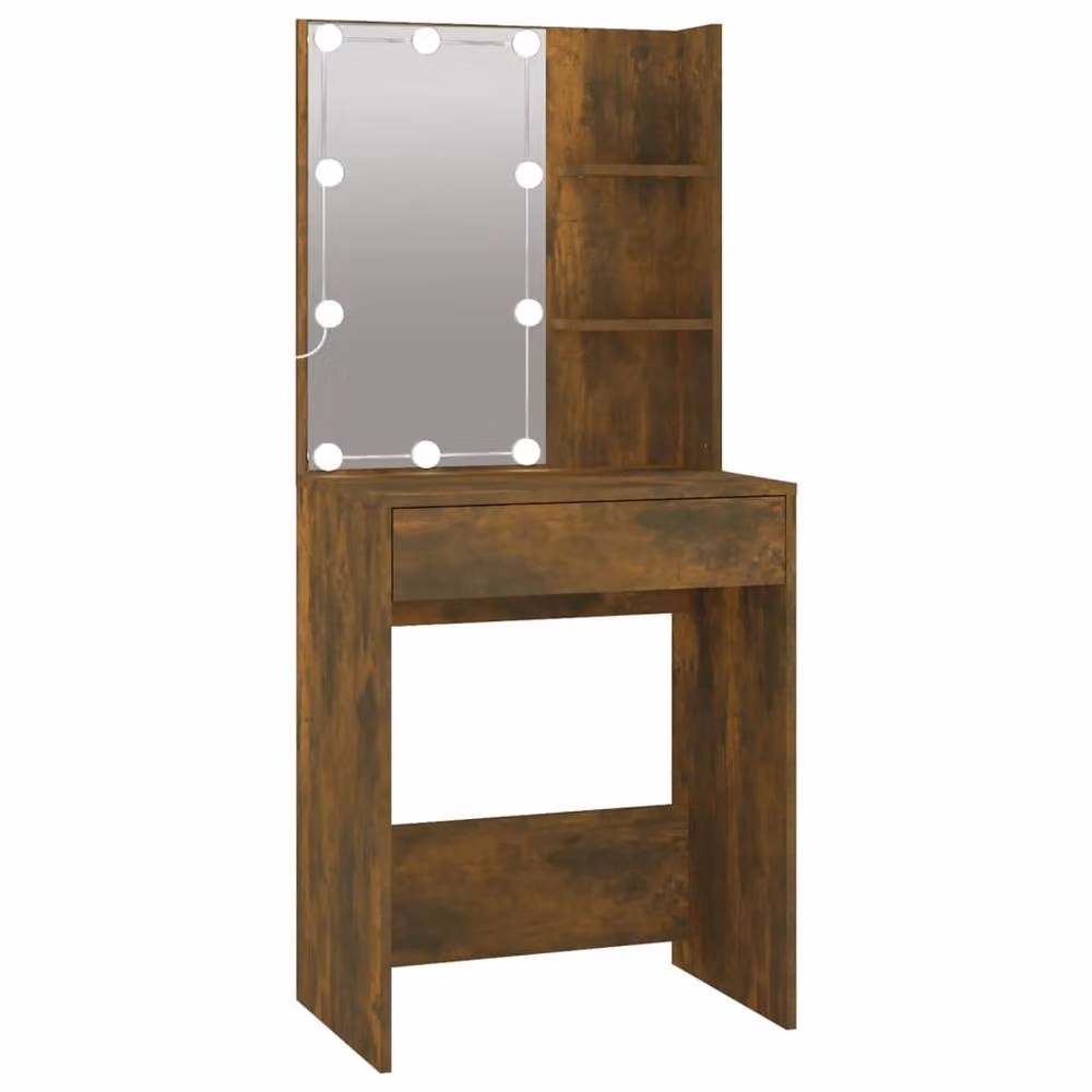 Berkfield Home LED Dressing Table with Cabinet in Smoked Oak Brown, W: 140 cm, D: 40 cm, H: 60 cm – 3