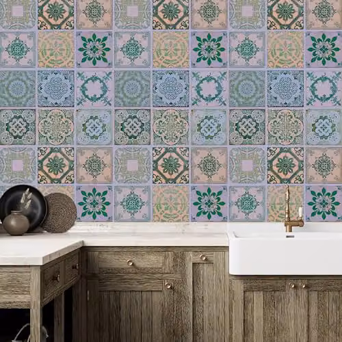WALPLUS Vintage Green Antique Azulejo Tile Stickers, 24 Pack Geometric Square Self Adhesive Waterproof Decals, 15 x 15 cm – 1