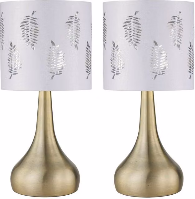 First Choice Lighting Romana Set of 2 Antique Brass Touch Table Lamps with White Fabric Fern Shades